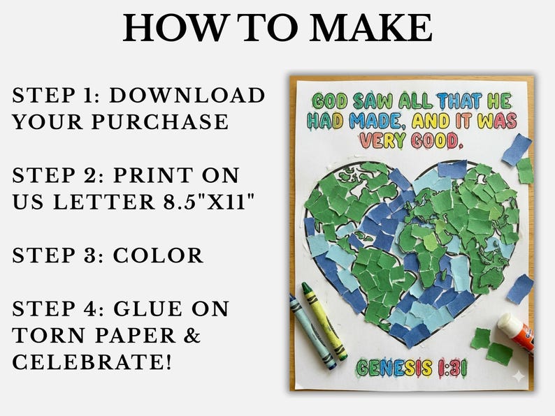 May include: A craft project with instructions. The artwork features a heart-shaped Earth made of torn blue and green paper. Text includes "How to Make," "God saw all that he had made, and it was very good," and "Genesis 1:31."