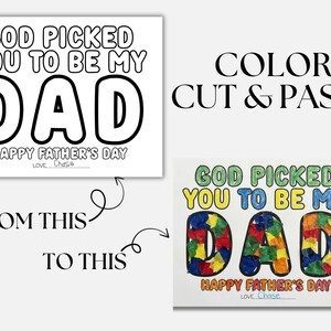 Peut inclure: Un projet de bricolage pour la f&ecirc;te des p&egrave;res. L'image montre une page &agrave; colorier en noir et blanc avec l'inscription "GOD PICKED YOU TO BE MY DAD" et une version compl&eacute;t&eacute;e avec des morceaux de papier color&eacute;s. Le texte "COLOR CUT & PASTE" est &eacute;galement pr&eacute;sent.