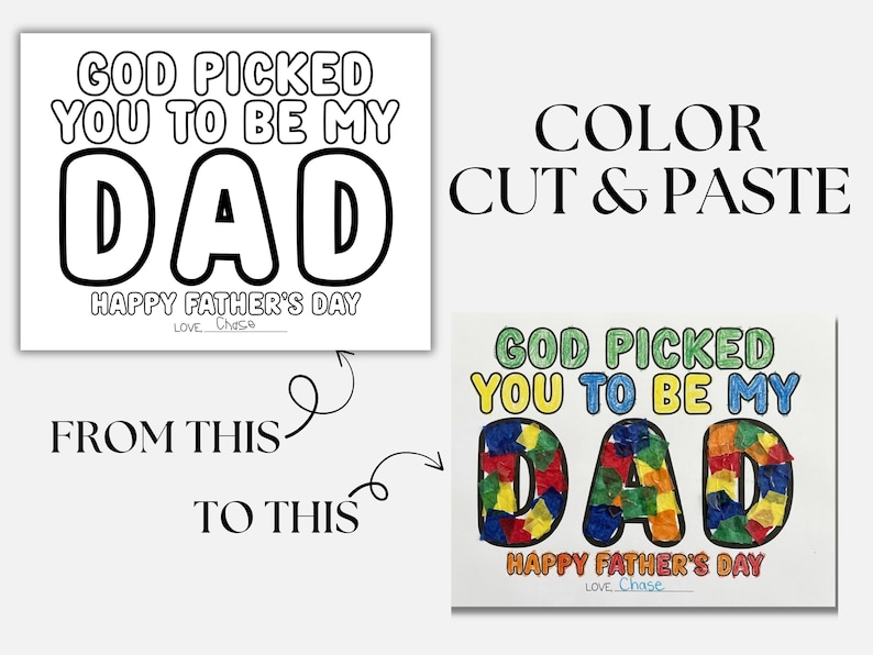 Peut inclure: Un projet de bricolage pour la f&ecirc;te des p&egrave;res. L'image montre une page &agrave; colorier en noir et blanc avec l'inscription "GOD PICKED YOU TO BE MY DAD" et une version compl&eacute;t&eacute;e avec des morceaux de papier color&eacute;s. Le texte "COLOR CUT & PASTE" est &eacute;galement pr&eacute;sent.