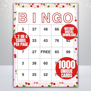 May include: A bingo card with a pink and white cherry pattern border. The word "BINGO" is at the top in red. The card has numbers in a grid, with red circles indicating "1, 2 or 4 cards per page", "Instant Digital Download", and "1000 Unique Cards".