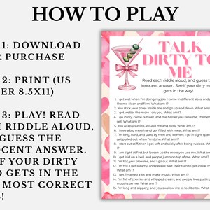 May include: A pink and white game card titled "Talk Dirty To Me" with a martini illustration. The card includes instructions: download, print on US Letter 8.5x11, read riddles aloud, and guess the innocent answer.