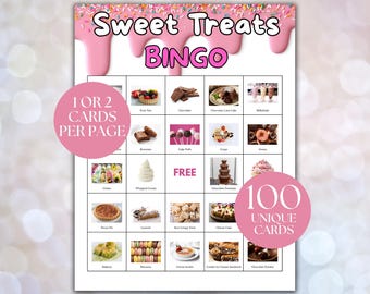 Sweet Treat Bingo Game, Baking Bingo Game, Dessert Bingo Game, Birthday Party Bingo, Baking Bingo, Sweet Bingo Cards, 100 Bingo Cards