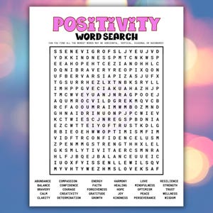 Könnte beinhalten: Ein weißes Papier mit einer rosa Überschrift mit der Aufschrift „Positivität Wortsuche“. Das Wortsuchgitter ist mit Buchstaben gefüllt, und eine Liste von Wörtern wie „Hoffnung“ und „Freundlichkeit“ befindet sich unten.