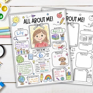 Puede incluir: Dos hojas de actividades All About Me con ilustraciones de líneas en blanco y negro. Una hoja está rellena con dibujos coloridos y texto, incluyendo un retrato, edad 6 y favoritos. La otra hoja es una plantilla en blanco para niños.