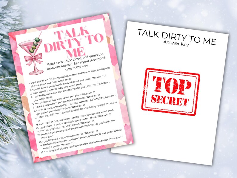 May include: Two printed cards with the text "TALK DIRTY TO ME". One card features a pink cocktail illustration and riddles. The other card has "TOP SECRET" stamped on it. A fun, party game.