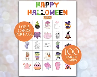 May include: A Halloween-themed bingo game card with colorful illustrations of ghosts, pumpkins, and other spooky characters. The words "HAPPY HALLOWEEN BINGO" are at the top. The card includes the text "1 OR 2 CARDS PER PAGE" and "100 UNIQUE CARDS".