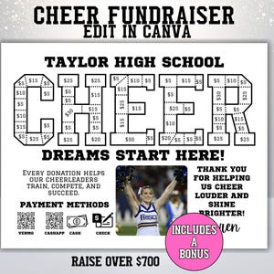 May include: A white flyer with black text promoting a cheerleading fundraiser for Taylor High School. The flyer includes a graphic of the word "CHEER" with donation amounts, payment methods, and a photo of a cheerleader.