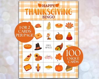 Op de afbeelding: Thanksgiving Bingo-spelkaart met geïllustreerde afbeeldingen. De kaart bevat bovenaan de tekst "Happy Thanksgiving Bingo". Twee oranje cirkels tonen de tekst "1 of 2 kaarten per pagina" en "100 unieke kaarten". De achtergrond heeft een oranje en wit geruit patroon.