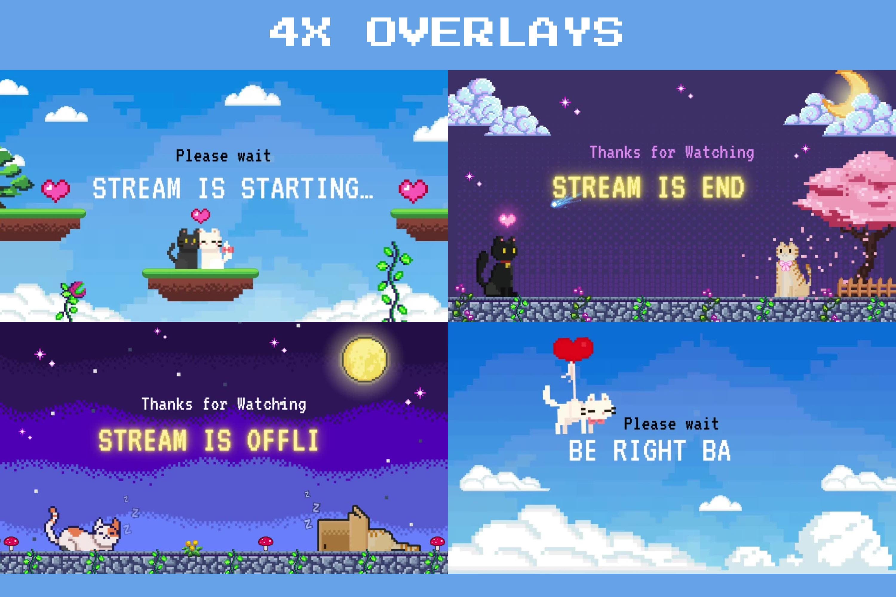 4x Pixel Cat Animated Stream Overlay,pixel Art Game Stream Screens, 8 ...