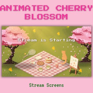 Pixel Cherry Blossom Streaming Overlay Pack, 8bit Sakura Twitch Pack, Starting Soon Kick OBS, Be Right Back, kawaii Aessthetic Picnic Screen