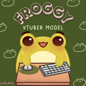 May include: Illustration of a yellow frog character with large brown eyes, a keyboard, and a mouse. The word "FROGGY" is above the frog, and "VTUBER MODEL" is below. The background is green with frog outlines.