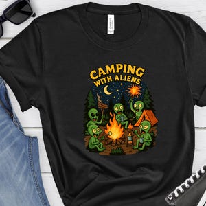 Camping Aliens Graphic Tee: Funny UFO T-Shirt