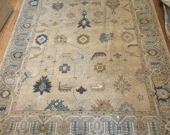 Handwoven Beige Oushak Rug: Grey & Green Wool Turkish Carpet Floral Turkish Oriental Style for Living Room Bedroom in 8x10 10x14 12x15 Rug