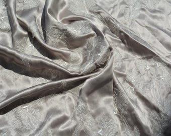 Pure Silk Charmeuse Embroidered Fabric | Gray Made in Italy Designer Deadstock | Dresses, Skirts, Couture | *By the 1/2 Yard*