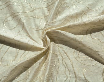 Silk Dupioni Fabric White Embroidered Shiny Squiggle Lines 43 Inch Usable | *By the 1/2 Yard*