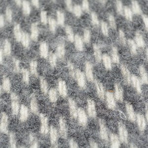 A close-up image of a textured fabric with a pattern of small white and gray squares or rectangles.