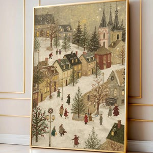 Vintage Christmas Town Magazine Cover Poster, Snowy Winter Village Art, Holiday Art Print Christmas Wall Art Modern Aesthetic Xmas Print