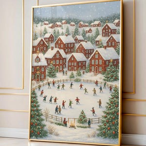 Vintage Weihnachtsstadt Zeitschriften-Titelseiten-Plakat, verschneite Winterdorf-Kunst, Feiertags-Kunstdruck Weihnachtswand-Kunst-moderne ästhetische Weihnachtsdruck