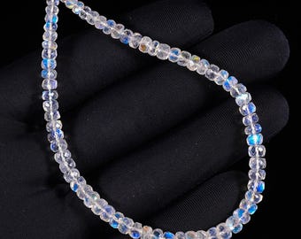 37 Ct. AAA++ Quality Rainbow Moonstone Faceted Rondelle Beads Gemstone 8'' Inch Strand, Blue Flash Gemstone for Jewelry Making (5X4 MM)