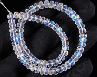 63 Ct. AAA++ Quality Rainbow Moonstone Faceted Rondelle Beads Gemstone 10'' Inch Strand, Blue Flash Gemstone for Jewelry Making (6X3 MM)