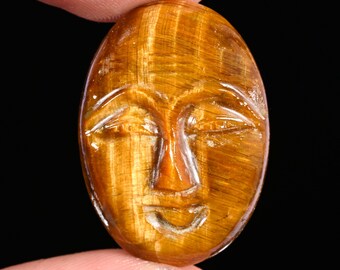 Natural Tiger Eye Face Carving Oval Cabochon Loose Gemstone, Hand Carved Stone for Jewelry Making 27x20x6 MM 25 Ct.