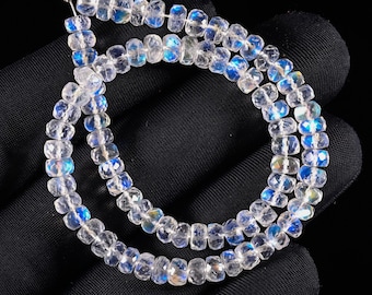 51 Ct. AAA++ Quality Rainbow Moonstone Faceted Rondelle Beads Gemstone 10'' Inch Strand, Blue Flash Gemstone for Jewelry Making (5X4 MM)