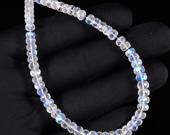 51 Ct. AAA++ Quality Rainbow Moonstone Faceted Rondelle Beads Gemstone 8'' Inch Strand, Blue Flash Gemstone for Jewelry Making (5X4 MM)