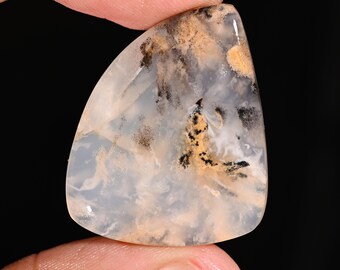 May include: A polished, translucent, shield-shaped gemstone featuring internal inclusions of black dendrites and soft orange-brown patches. The stone is marked with the text U-1542 in the upper right corner against a black background.