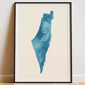 Blaue Aquarell Karte von Israel, minimalistische moderne jüdische Wandkunst, Zion-inspirierter Druck, Eretz Yisrael Wohnkultur, printable Download Judentum