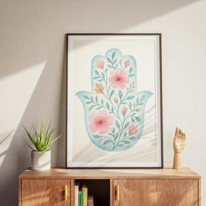 Floral Hamsa Wall Art: Pink & Blue Watercolor Print | Jewish Blessing Hand Symbol | Hamsa Printable | Boho Spiritual Home Decor | Jewish Art