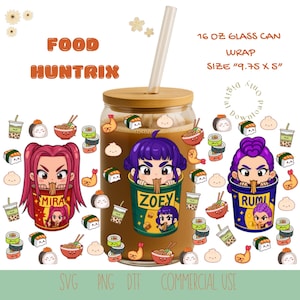 May include: A 16 oz glass can wrap with a bamboo lid and straw. The design features three anime-style characters with food illustrations, including sushi, ramen, and boba. The text "FOOD HUNTRIN" is at the top.
