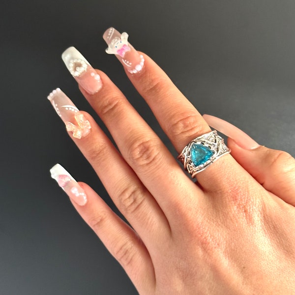 Boho Chunky Ring - y2k Rings - Chunky Rings - Aqua Stone Ring - y2k Jewelry - Chunky Jewelry - Boho Jewelry - Silver Rings - Rustic Rings