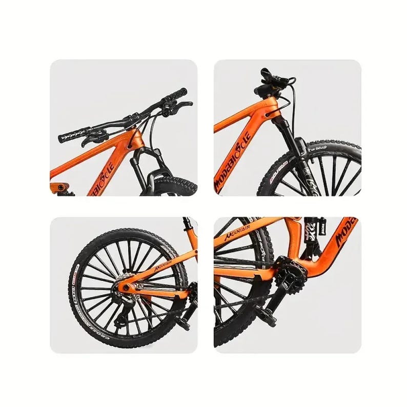 Op de afbeelding: Vierdelig beeld van een oranje mountainbike. De fiets heeft zwarte banden, een zwart zadel en een zwart stuur. Het frame is oranje met het woord "MODEBICYCLE" erop gedrukt. De banden hebben het woord "MOUNTAIN" erop.