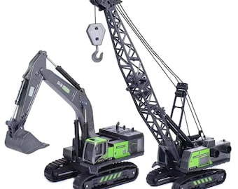 Diecast Construction Vehicle Set: Bulldozer, Truck, Excavator, Crane
