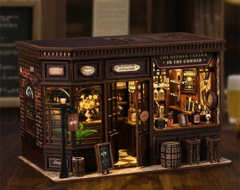 Miniature Wooden Tavern Corner Kit: Retro DIY Craft with LED Lights