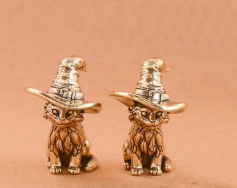 1pcs Cute Sorcerer Cat Statue Solid Brass Animal Figurine Miniature Retro Desktop Ornament Home Office Decor Gift craft supply.