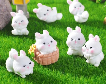 Mini Resin Bunny Figurines - Easter Fairy Garden Decor - 7 Piece Set
