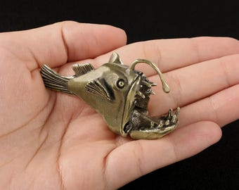 Retro Brass Anglerfish Figurine, Ocean Decor Miniature