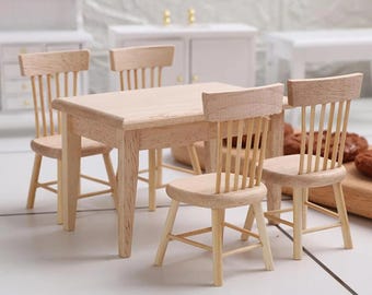 Mesa de comedor y sillas de madera en miniatura para casa de muñecas (escala 1:12)