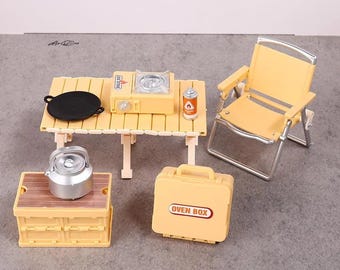 Dollhouse Miniature Camping Set: Folding Chair, Gas Stove, Picnic Table