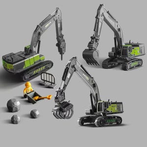 May include: Three toy construction vehicles in shades of gray and green are displayed against a gray background. One has a jackhammer attachment, another a bucket, and the third a claw. A small figure with a wheelbarrow and rocks are also present.