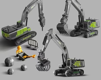 Zestaw pojazdów budowlanych z odlewu ciśnieniowego – buldożer, ciężarówka, koparka, dźwig – materiały edukacyjne do prac plastycznych ze stopów i tworzyw sztucznych.