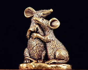 Antique Copper Love Mouse Figurine Rat Miniature Desktop Ornament Vintage Metal Animal Home Decor Gift craft supply.