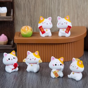 6PCS Lucky Zhaocai Fortune Cat Figurines – Mini Collectible Decor – Lucky Cat Ornaments for Car, Desk, Room, Feng Shui Gift craft supply