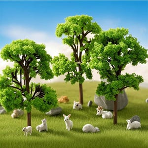 Puede incluir: Escena de paisaje en miniatura con tres árboles de hojas verdes y troncos marrones, sobre una superficie cubierta de hierba. Pequeñas ovejas blancas y un conejo están dispersos alrededor de los árboles, con pequeñas rocas. El fondo es un cielo azul.