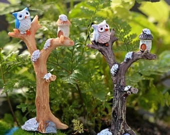 Mini Resin Owl Set on Faux Branches: Fairy Garden Decor