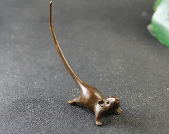 Long Tail Mouse Miniature Figurine Chinese Tea Pet Pure Copper Rat Statue Vintage Desk Ornament Home Decor Gift craft supply,