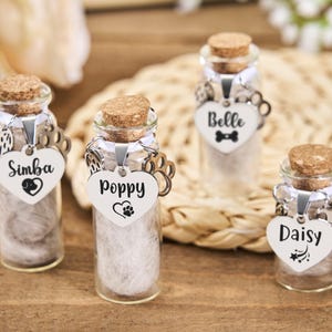 Puede incluir: Cuatro pequeños frascos de vidrio con tapones de corcho, cada uno con una sustancia esponjosa. Cada frasco tiene una etiqueta en forma de corazón con el nombre de una mascota: Simba, Poppy, Belle y Daisy. Las etiquetas también tienen huellas.