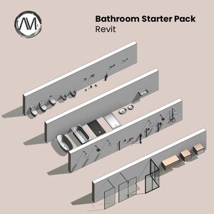 May include: Isometric view of a bathroom starter pack, featuring various fixtures and fittings. The image includes toilets, sinks, bathtubs, showers, and storage units. The text "Bathroom Starter Pack Revit" is displayed at the top.