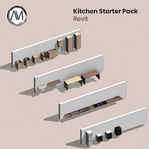 Può includere: Vista isometrica di un kit di partenza per la cucina, con vari mobili, piani di lavoro ed elettrodomestici. L'immagine include il testo "Kitchen Starter Pack Revit" e un logo circolare con le lettere "AM". La palette di colori è neutra, con tonalità marroni e beige.
